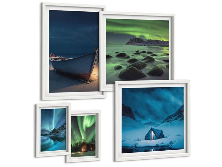 BILDER SET 5er Set - 50x50 cm & 20x30 cm & 40x60 cm Weißer Rahmen - Winterlandschaften, Nordlichter, Berge