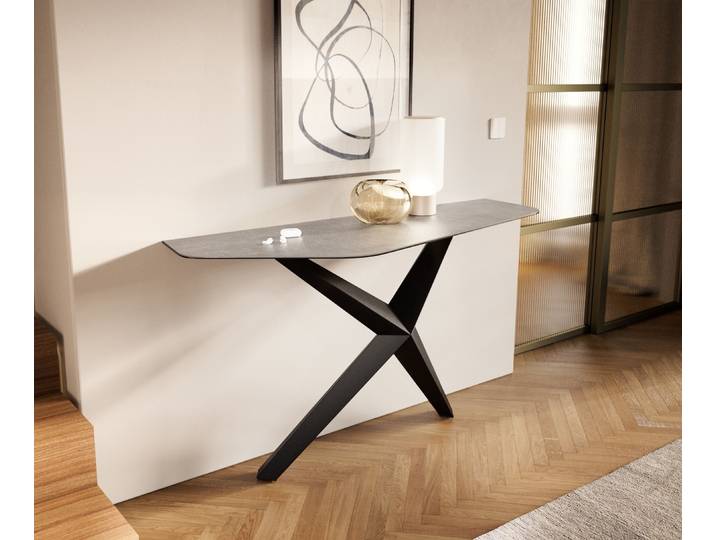 Konsolentisch Edge Polygonal 140x50 cm Keramik Beton Grau Zentharo Metall Schwarz, Konsolentische