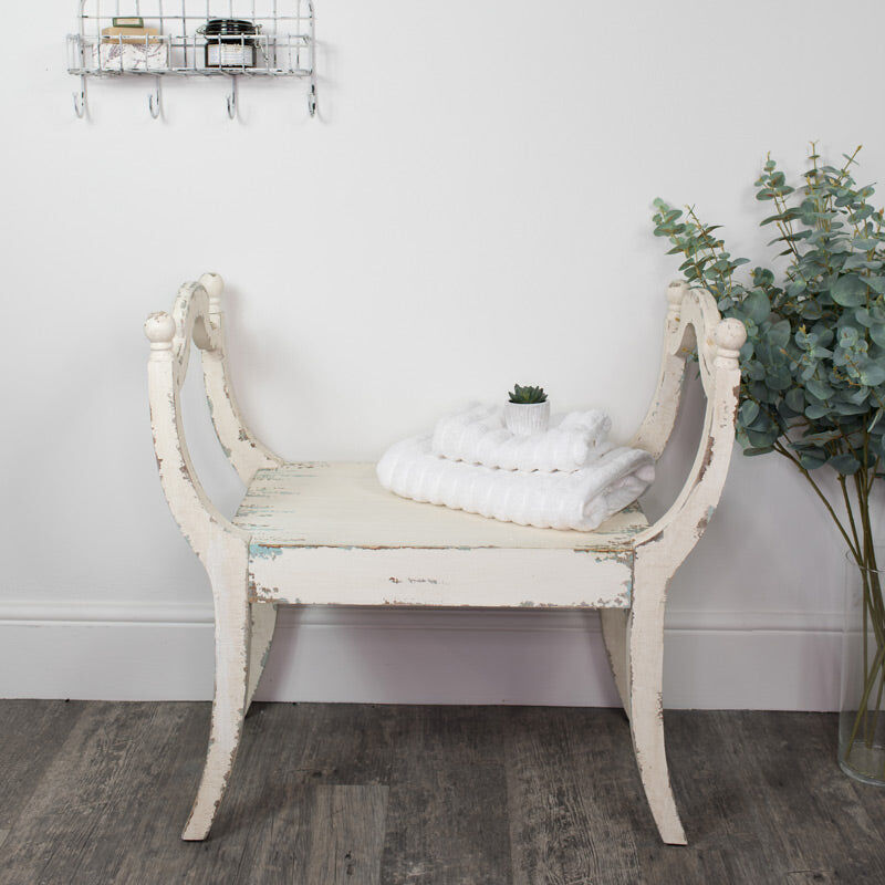 White Distressed Vintage Wooden Stool Wood