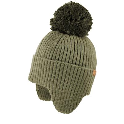 Strickmütze MAXIMO, Jungen, Gr. 49/51, grün (oliv), Strick, Materialmix, unifarben, Mützen Strickmütze, wärmend, breiter Umschlag, Ohrenklappen, Bommel
