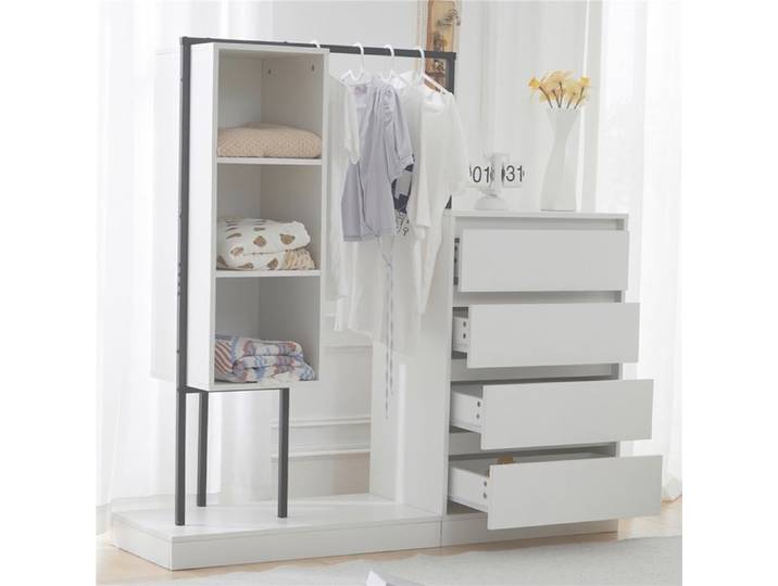 Armoire blanche 140x40x135 cm avec tiroirs penderie intégrée meuble rangement polyvalent pour chambre ou dressing