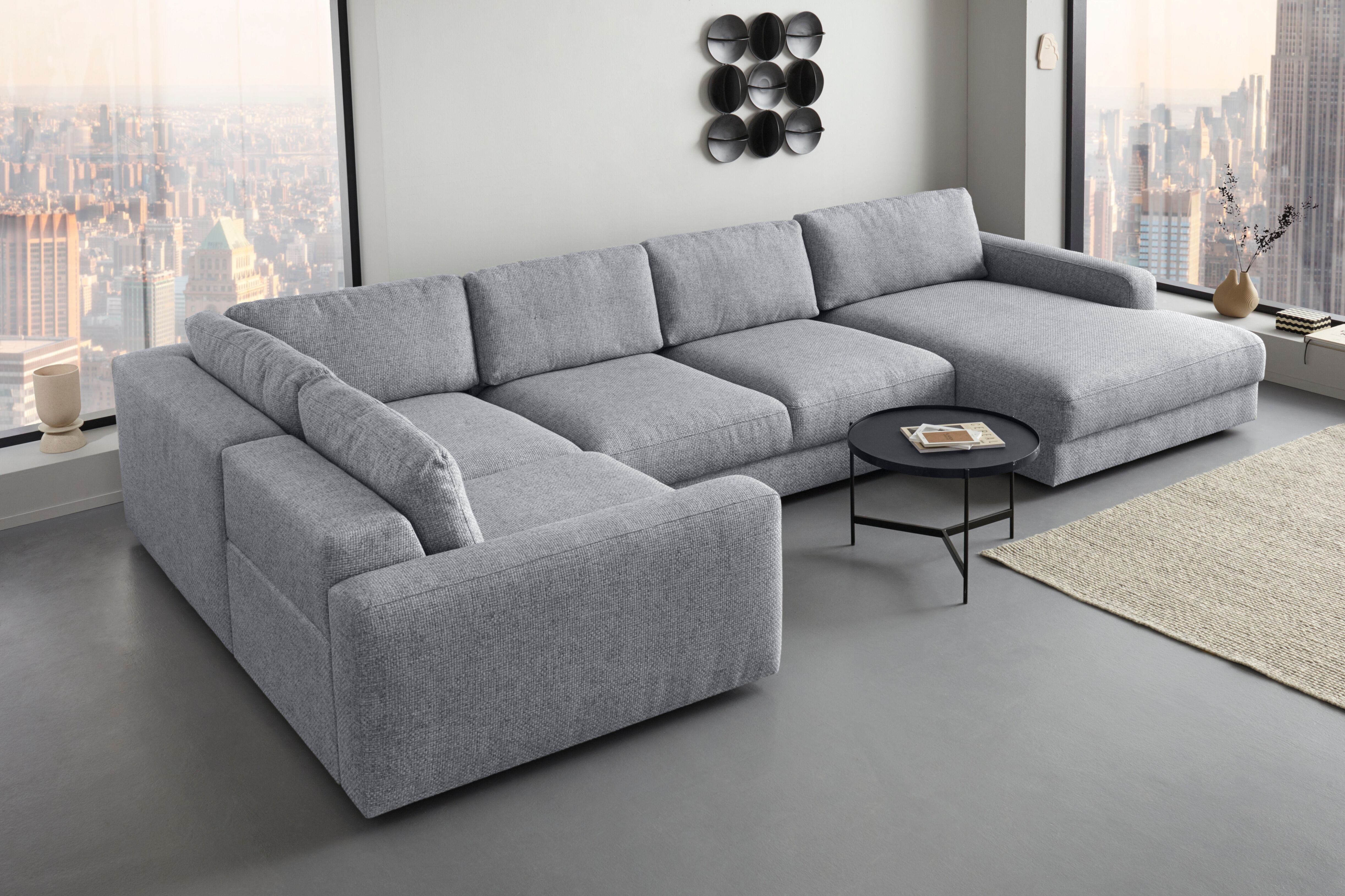 Wohnlandschaft HOME AFFAIRE "Bloomfield, Mega Polsterprogramm, Breite 405cm, viel Platz, U-Form", grau (antarctica), B:405cm H:84cm T:224cm, 100% Polyester, Sofas, Wohnlandschaft, mit extra tiefer Sitzfläche, wahlweise mit Sitztiefenverstellung antarctica
