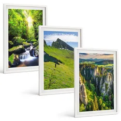 BILDER SET 3er Set - 40x60 cm Weißer Rahmen - Grüne Berge Wasserfallwald