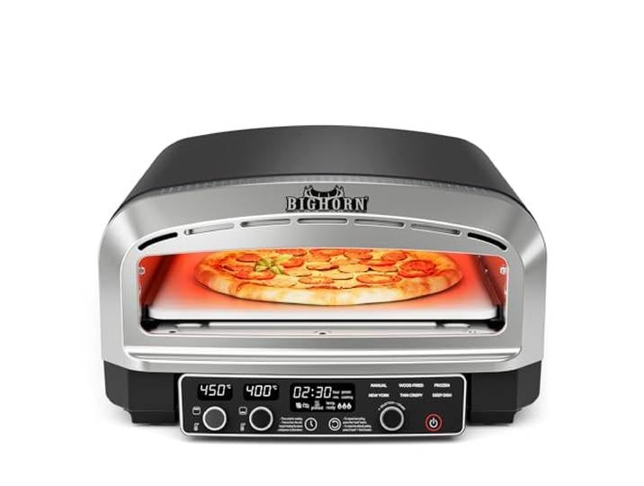 BIG HORN OUTDOORS Elektrischer Pizzaofen für den Innenbereich, 2200 W, für Pizza bis 35 cm, 6 Programme, getrennt regelbare Ober-und Unterhitze, mit Pizzastein und Pizzaschaufel