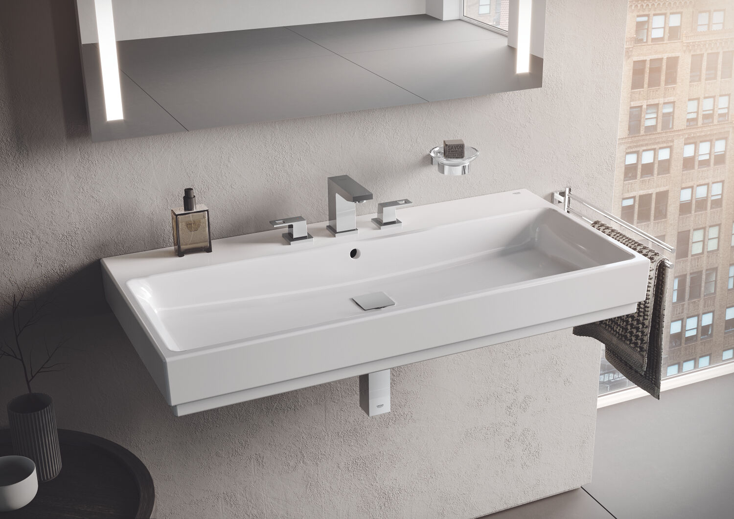 Grohe Mitigeur Eurocube 3 trous Eurocube 20351000 avec garniture d'écoulement Eurocube chrome