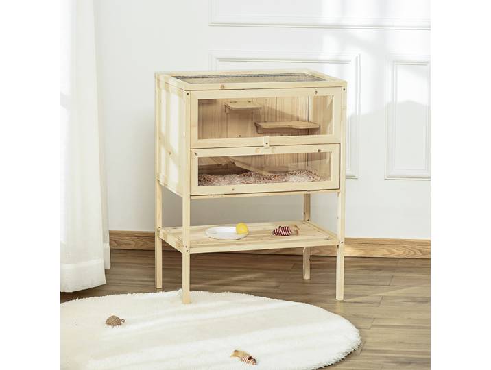 PawHut Cage Hamster Bois 3 Niveaux Étagères 60x40x80cm Naturel