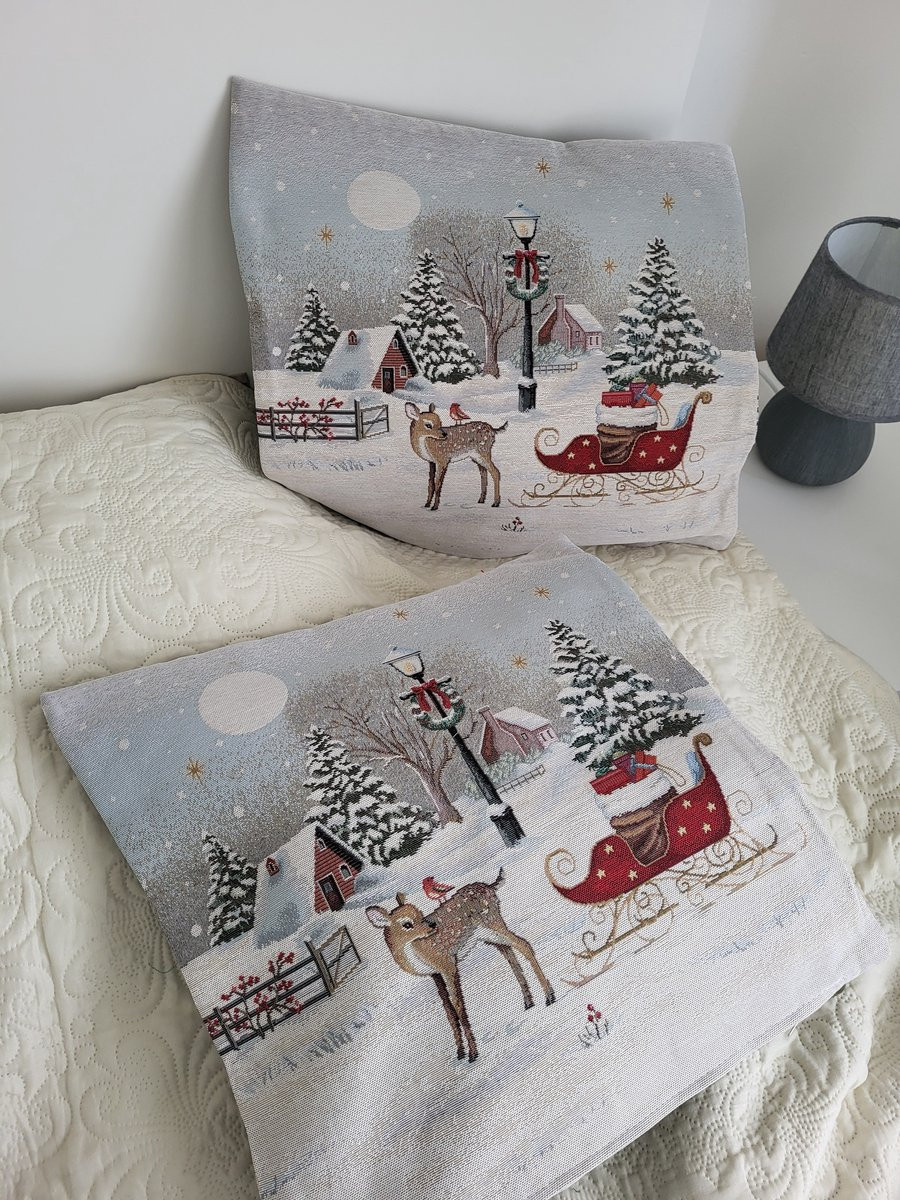 Luxe kussenhoes van Gobelinstof met Kerst Baby Deer print en rits, 45 x 45 cm