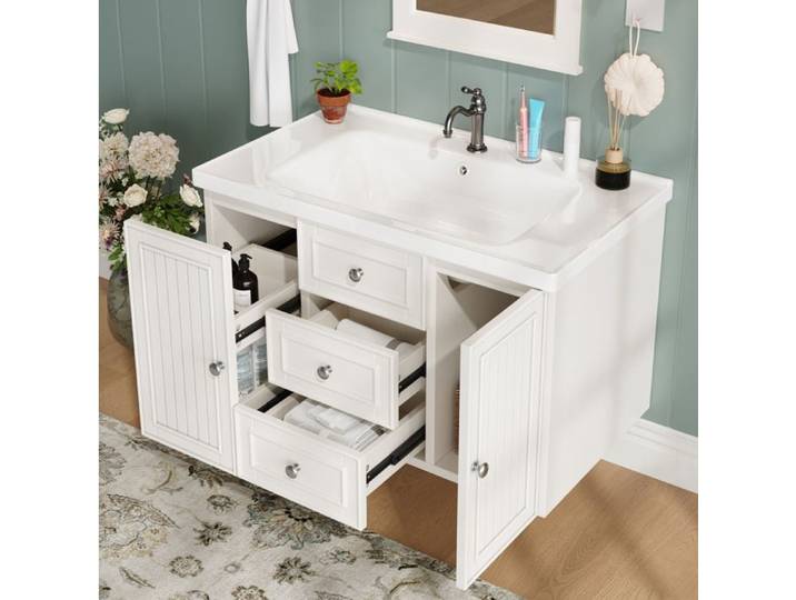 Meuble sous vasque mural – vasque en céramique – blanc – 3 tiroirs et portes – 78 5 x 46 x 46 8 cm
