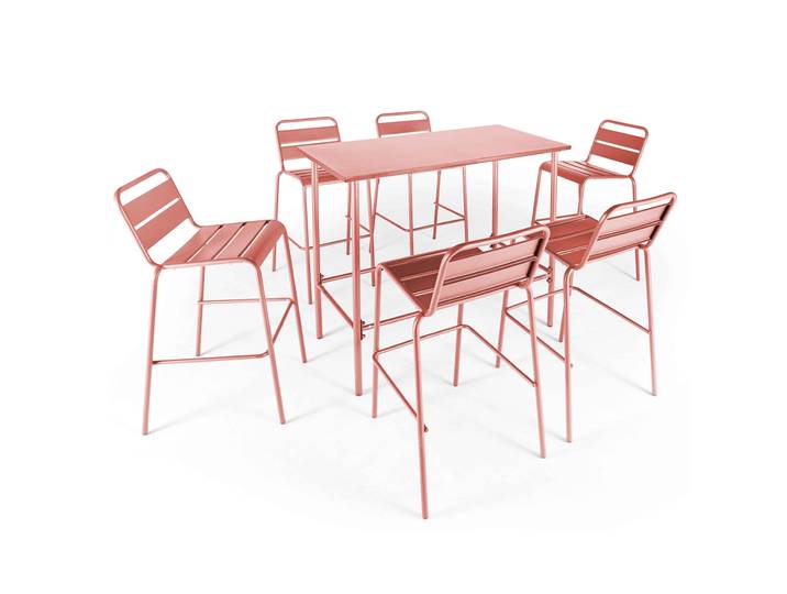 Garten-Hochtisch aus Metall, 120x60 cm, und 6 Hochstühle