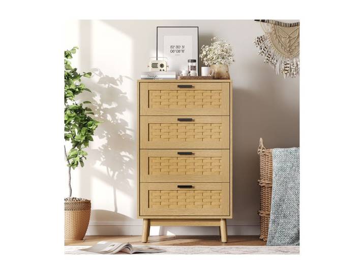 ADWOLT Commode 4 tiroirs bois massif & imitation bambou 55x39.8x95 cm - chêne