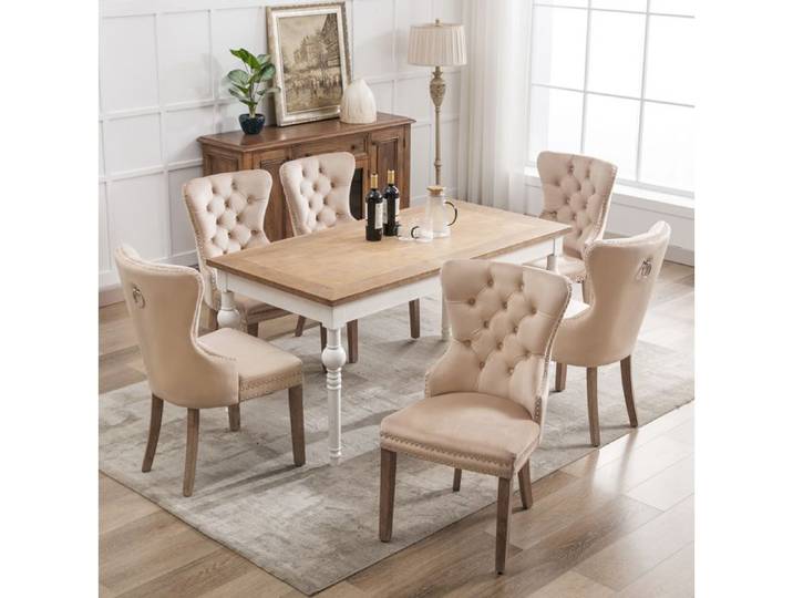 Set de 6 chaises rembourrées velours beige anneau dos type heurtoir clous pieds en bois massif cuisine/salon