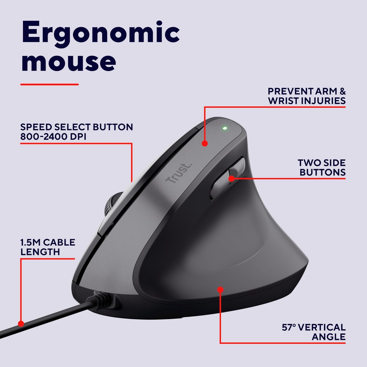 Trust Yuno Ergonomic Wired Vertical Mouse – Right-Handed, 1.5m USB Cable, 800-2400 DPI, Optical Sensor, 6 Buttons, 60% Recycled Plastic – Black