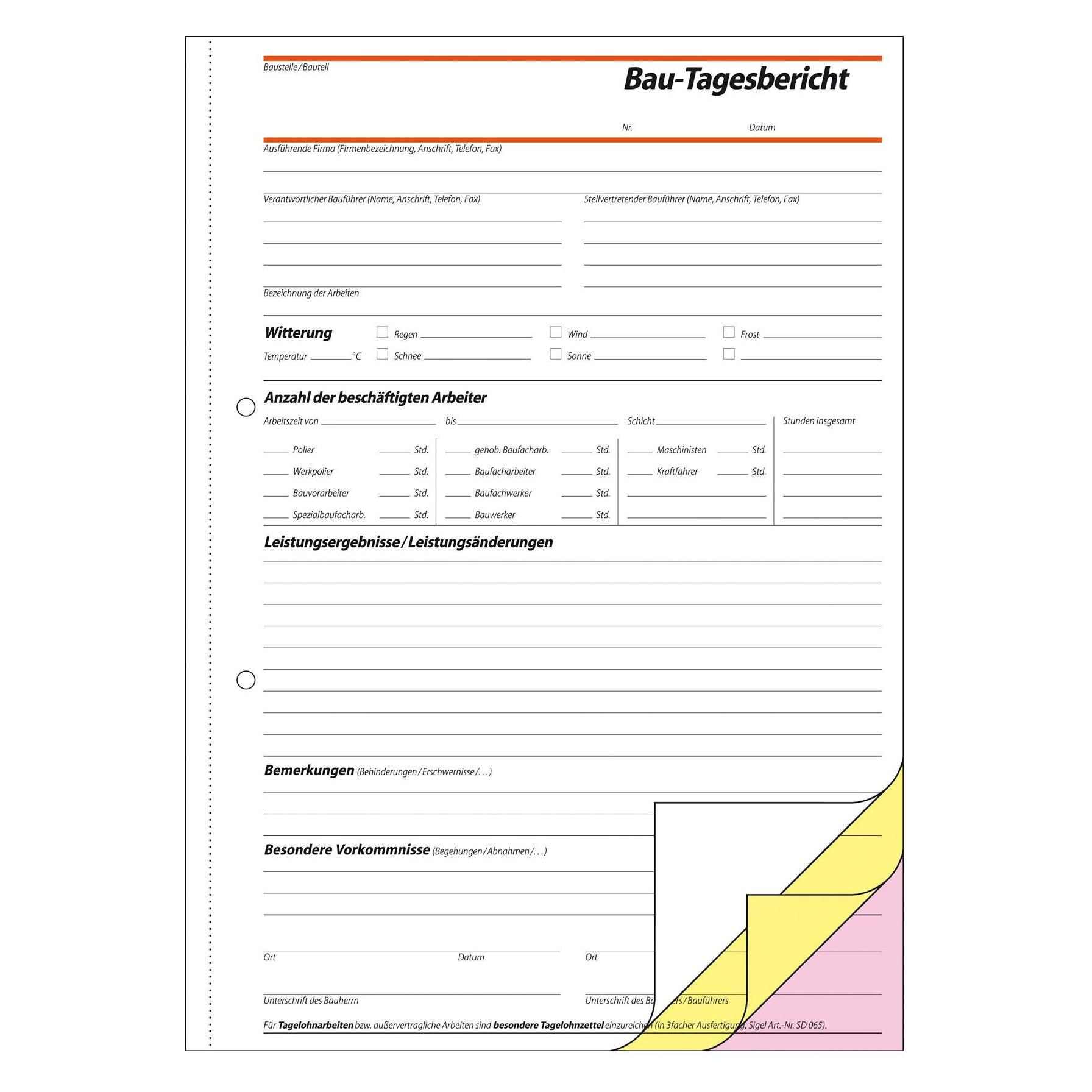 Sigel Bautagebuch Papierformat: DIN A4 Anzahl der Blätter: 3 x 40 Bl. (SD063)