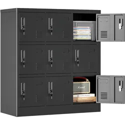 OKWISH Metallschrank Spind 9 Türen 100x90x40 cm Schwarz mit Schlössern und Kartenfächern, belüftet, pulverbeschichteter Stahl für Büro und Umkleide