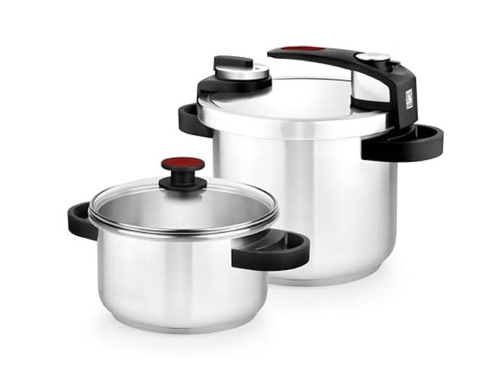 BRA Tekna Leicht zu öffnendes Schnellkochtopf-Set 4+7 Liter Edelstahl 18/10, 2 Kochprogrammen und Öffnungssperrsystem, geeignet für alle Küchentypen