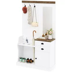 OKWISH Garderoben-Set mit Spiegel, Aufbewahrung, Schubladen, Haken, Schuhablage, 110x191x38 cm, Holz und Weiß