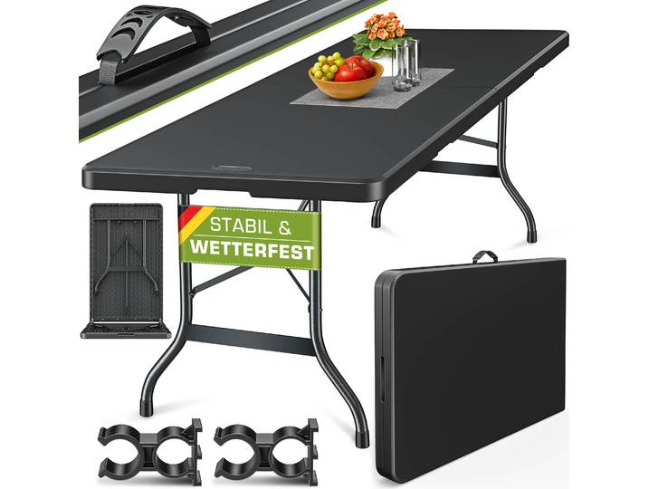 tillvex Table de jardin 220x70cm pliante noire plastique Table de buffet avec poignée Table pliante pour jardin terrasse et balcon Table de camping 10 personnes