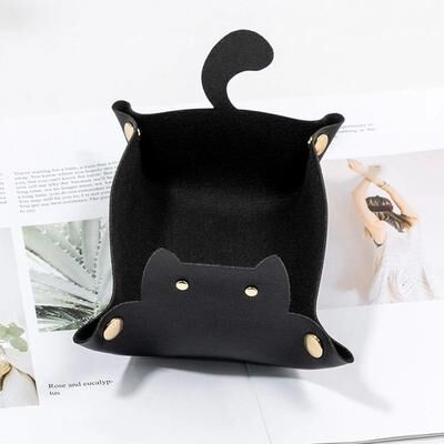 Uplift Essentials Creative Cat Shaped PU Leather Storage Tray And Desktop Organizer black