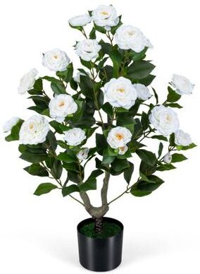 Costway Artificial Camellia Tree Faux Flower Plant in Cement-Filled Pot-White