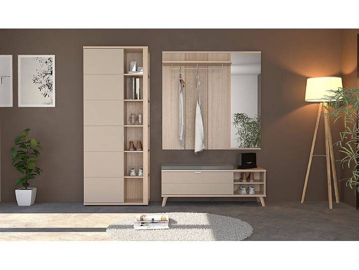 Garderobenpaneel mit Spiegel 130 x 130 x 30cm Beige
