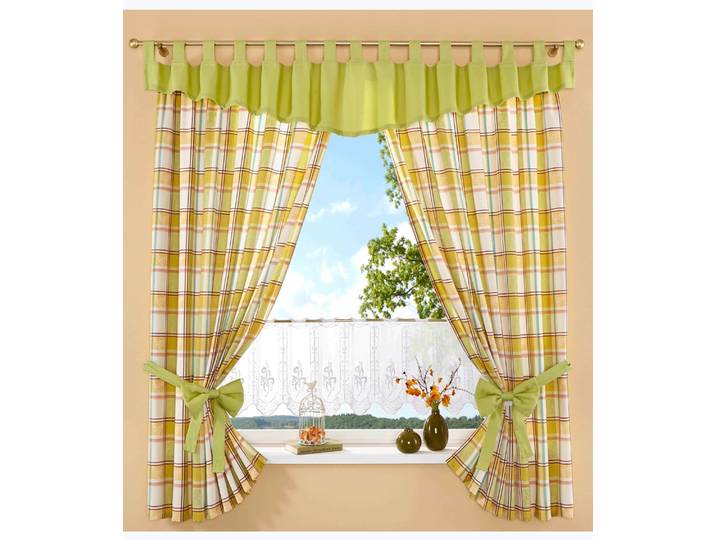 Vorhang STICKEREIEN PLAUEN Dolche Gr. 2, beige (beige, grün), B:130cm H:125cm, Polyester, Gardinen, Vorhang, Karo