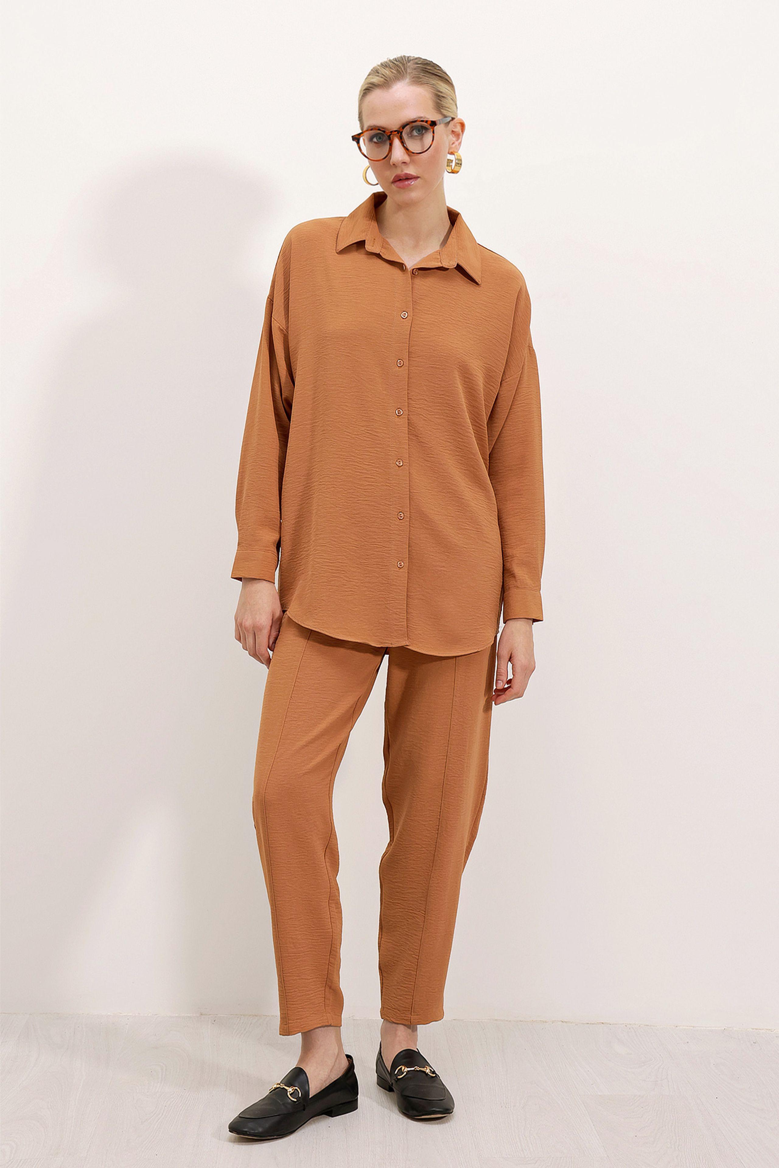 Oversized Getextureerde Seersucker Twee-Delige Set met Shirtkraag
