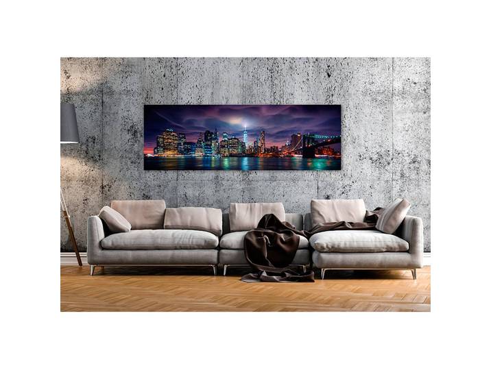 Wandbild New York: Dark City Holzwerkstoff & Textil Violett 135 x 45cm