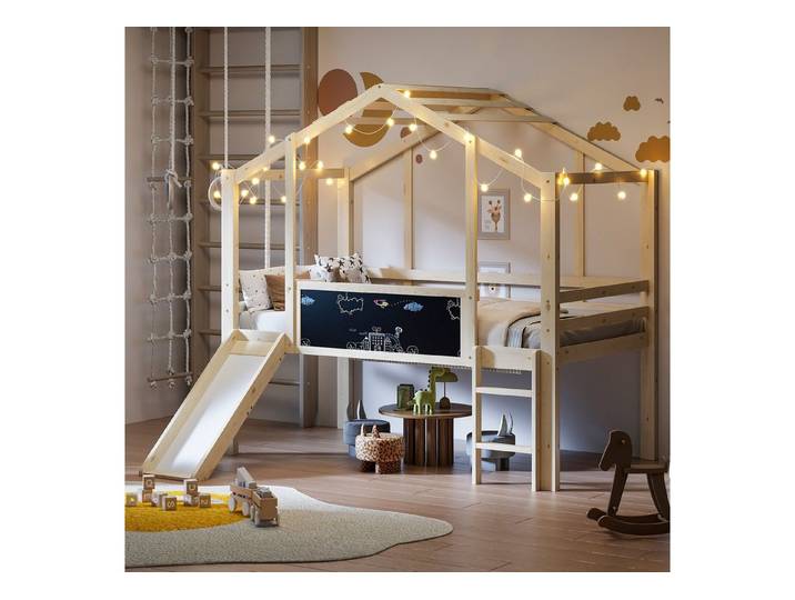 HAUSS SPOLE Kinderbett 90x200 mit Tafel&Rutsche,Kinderbett Bettgestell mit Sicherheitsleiter (mit Rutsche & Leiter, Massivholzbett im Hausstil, Kreativ-Tafel, 90×200 cm), ohne Matratze
