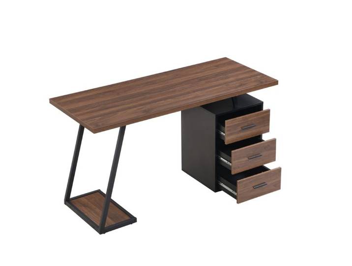 ELVORIN Bureau droit industriel 138 5 x 58 x 75 cm 3 tiroirs support unite centrale metal noir et decor bois fonce