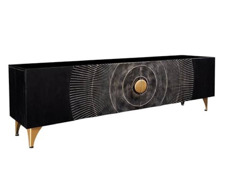 Licht-Erlebnisse TV Lowboard 180 cm lang H: 55 cm in Schwarz Gold Handarbeit aus Mangoholz Metall Ornament Türen Sideboard Fernsehtisch