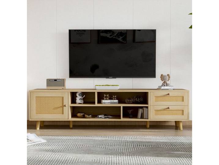 Meuble TV en rotin de couleur bois de qualité supérieure de 160 cm pour la gestion des câbles de télévision de 70 pouces