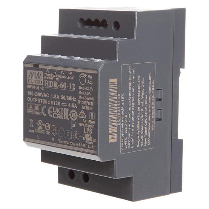 MeanWell INDUSTRIE-NETZTEIL - 1 AUSGANG - HUTSCHIENENMONTAGE - 60 W - 12 V - 4.5 A (HDR-60-12)