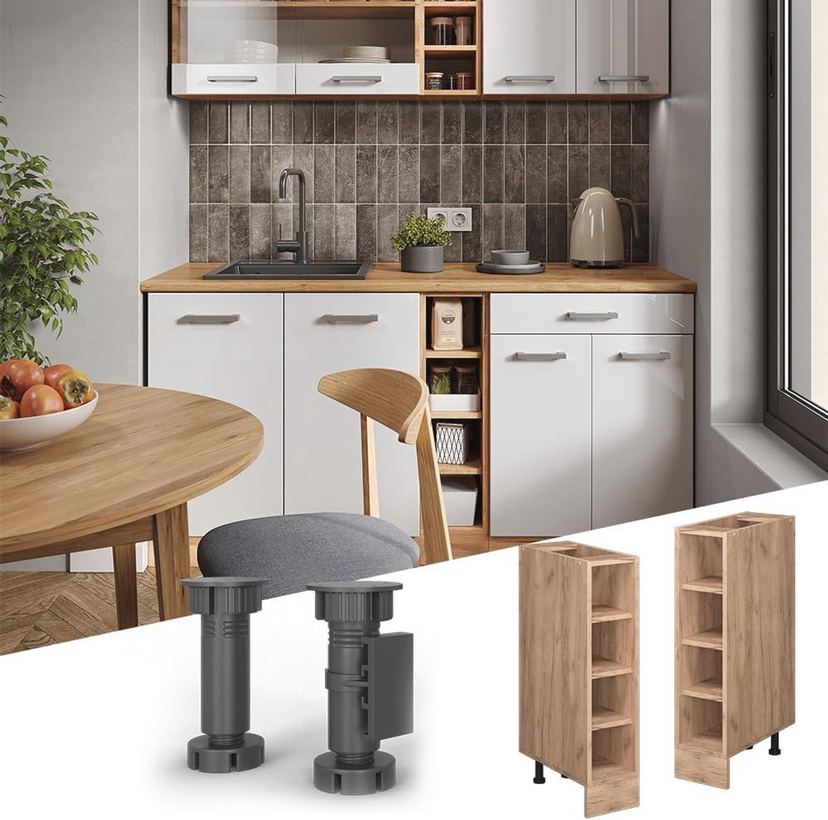 Moderne keuken onderkast met eiken hout uiterlijk