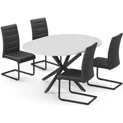 Vicco, Essgruppe, Esstisch-Set Loyd, Weiss/Schwarz, 120 x 120 cm mit 4 Esszimmerstühlen, Schwarz