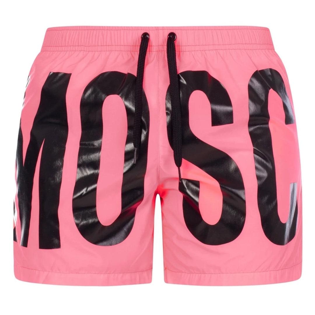 Rosa kurze Badeshorts mit Print-Logo der Marke Moschino