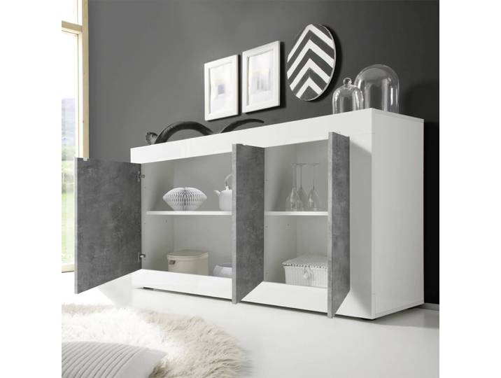 Buffet 3 portes finition blanc laqué et aspect béton