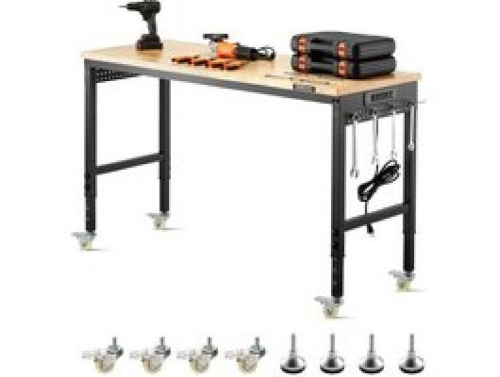 VEVOR Établi Atelier Garage 1524 mm Table de Travail sur Roulettes à Hauteur Réglable, Capacité de Charge 907,2 kg avec Prise de Courant, Panneau Perforé, Établi Robuste en Chêne pour Bureau, Maison