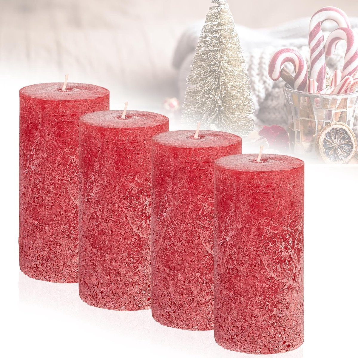 Set van 4 rustieke pijlerkaarsen - Rood - Hoogte: 12 cm