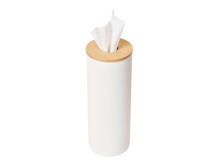 Yamazaki 5982 RIN Round Tissue Case L\, White\, Steel/Wood/Silicone\, 9.2 x 9.2 x 23.8 cm