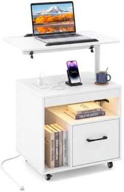 Costway LED Nightstand with Power Outlets Modern Bedside Table with Flip over-White
