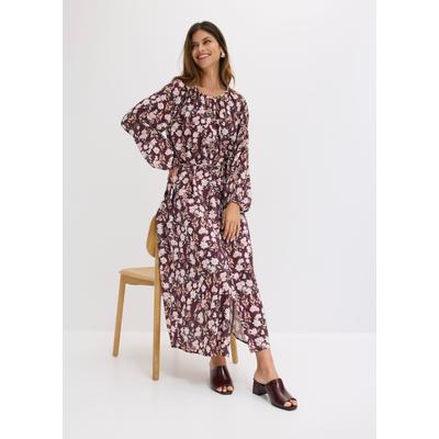 Maxikleid BONPRIX, Damen, Gr. 48, N-Gr, Langarm, lila (kakaobraun geblümt), Obermaterial: 100% Viskose, lässig geschnitten, Kleider Maxikleid, lässig geschnitten, mit Langarm