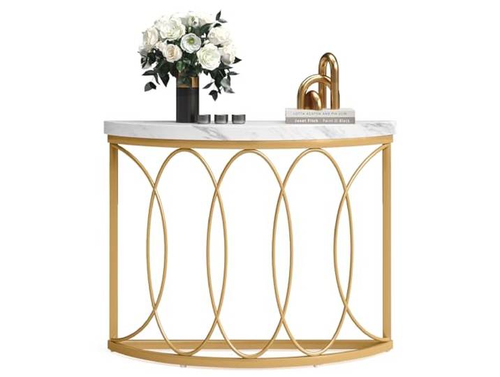 LITTLE TREE Half Moon Gold Konsolentisch, 109 cm, moderner Kunstmarmor-Eingangstisch, schmaler Halbkreis-Sofa-Akzenttisch mit geometrischem Metallrahmen für Wohnzimmer, Flur