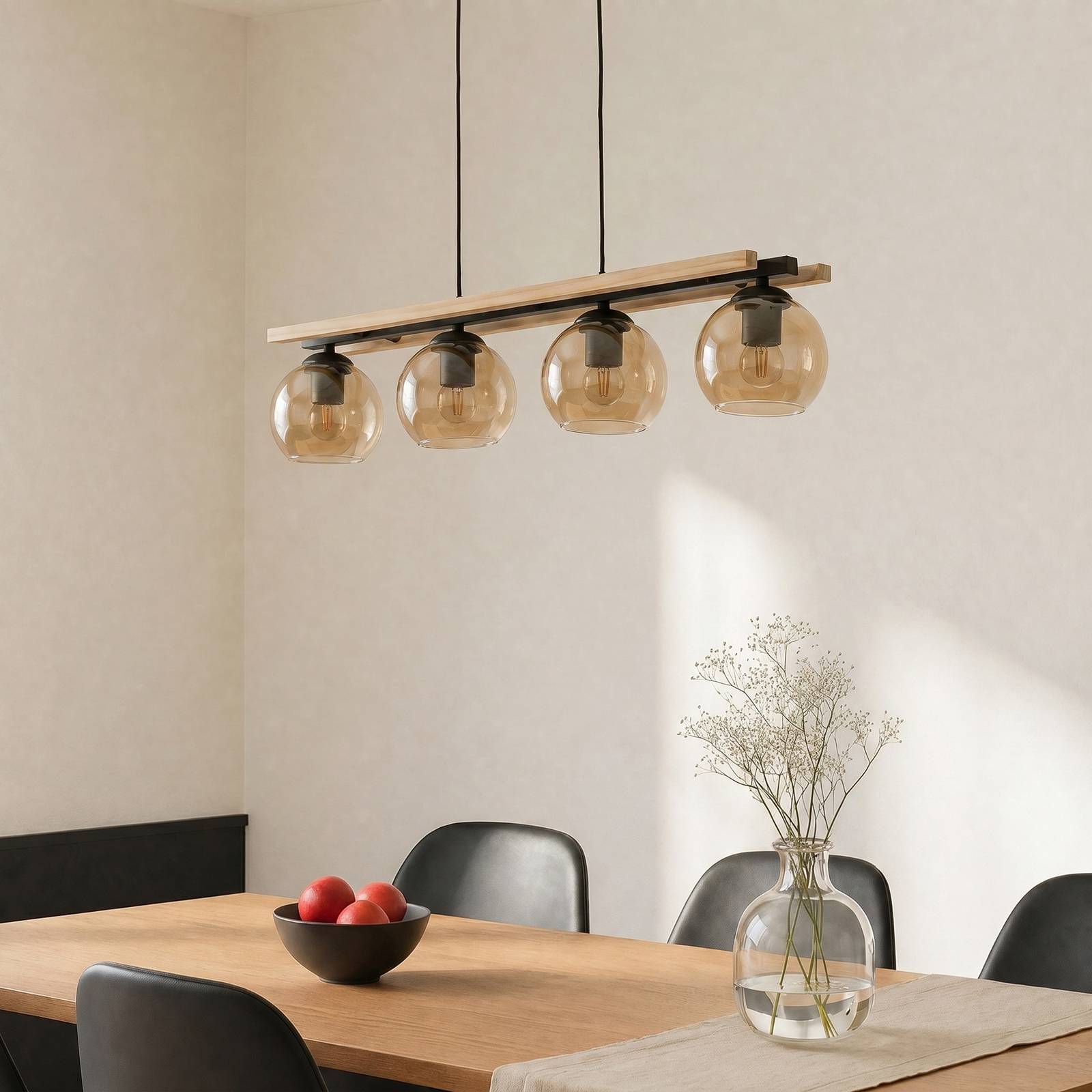 Glas Hängelampe Enrique Lindby, dimmbar, Holz dunkel, für Wohn- / Esszimmer, Glas, Modern, Pendelleuchte