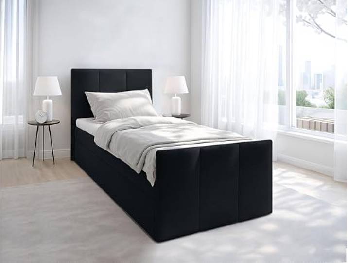 AXLIVING Levente Boxbett mit Bettkasten 100x200 Boxspringbett Schwarz Boxspringbett Schwarz mit gepolstertem Kopfteil. Bett mit Bettkasten 100x200. Pflegeleichter Bezug. 100 % Polyester.