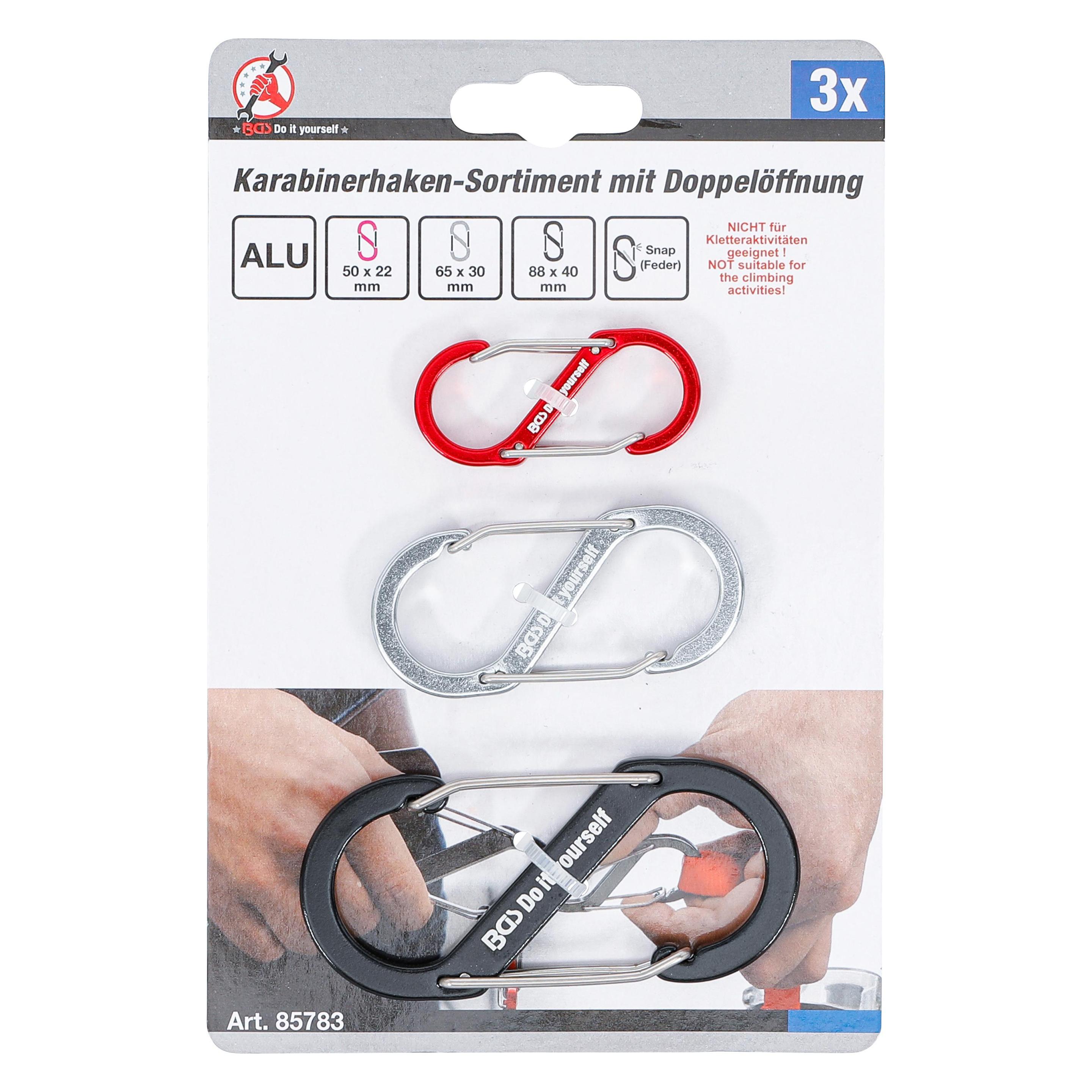 BGS Karabinerhaken-Sortiment mit Doppelöffnung Aluminium 3-tlg. (85783)
