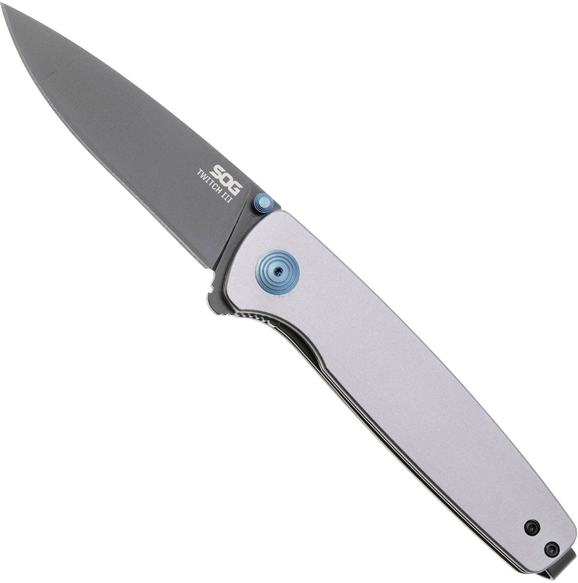 SOG Twitch III 11-15-03-43, Black 154CM, Gunmetal Gray Aluminum, Blue Hardware coltello da tasca