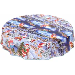 Weihnachtstischdecke Wachstuch Tischdecke abwaschbar Weihnachtsmann Blau - Rund 100 cm, Paspelband (Eingefasst)