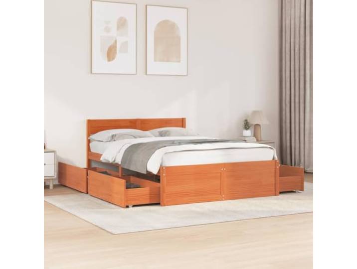 RJPLMFV Bettgestell mit Schubladen, massives Kiefernholz, 120 x 190 cm, Braun