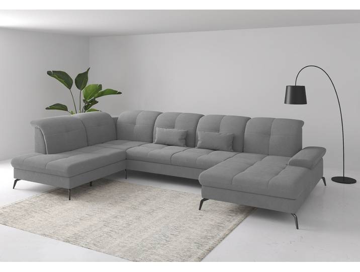 Wohnlandschaft, 100% Polyester, Grau, 357×231 cm, U-Form, Mit Kopfteilverstellung & Bettfunktion, Sit & More