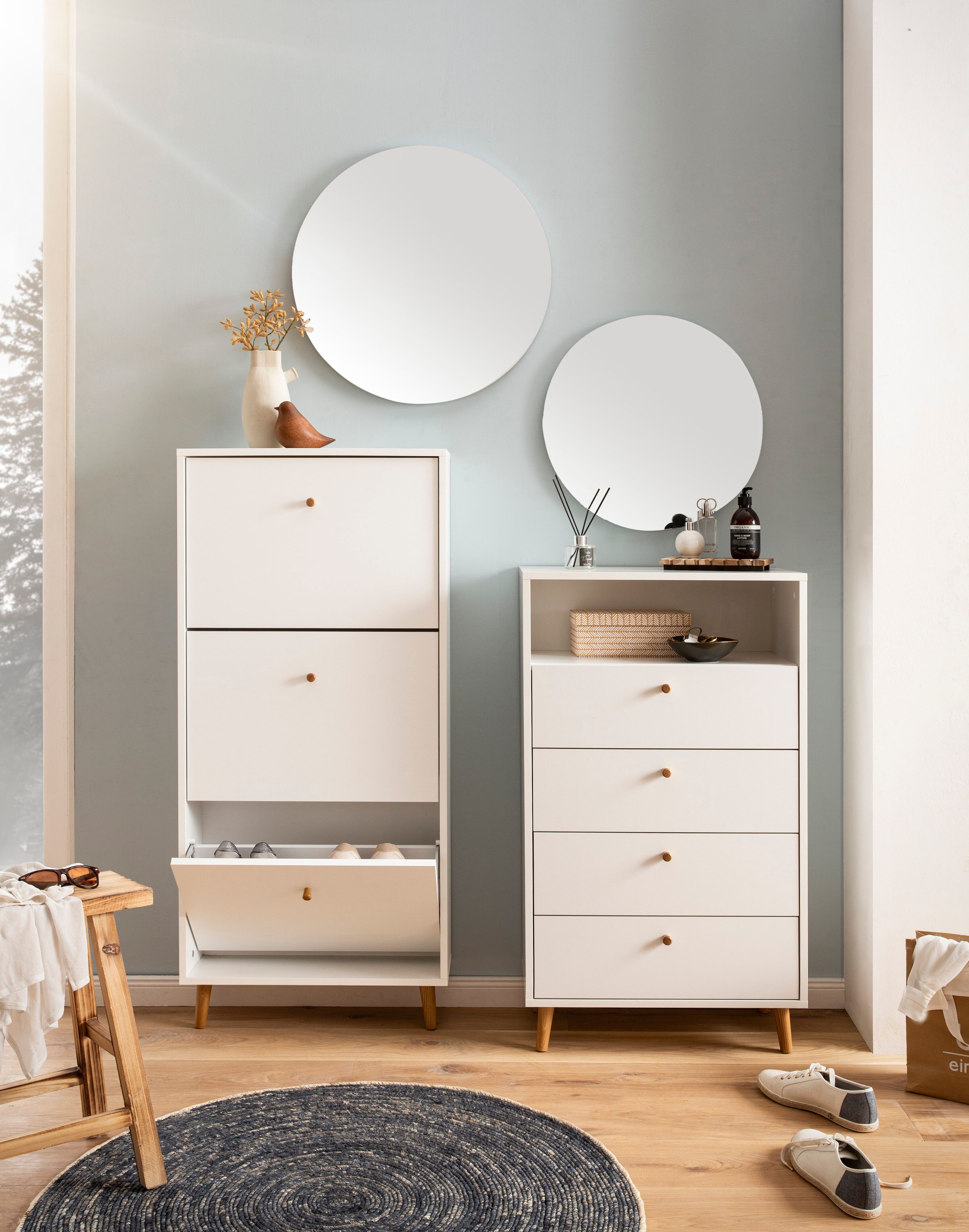 Kommode SCHILDMEYER "Bjarne, Highboard, Made in Germany, B: 60 cm", weiss (mattweiß), B:60,2cm H:104,4cm T:33cm, Sideboards, Kommode, Solide Verarbeitung - Dieses Produkt ist in Deutschland gefertigt mattweiß B/H/T: 60,2cm x 104,4cm x 33cm, 4 Stk.